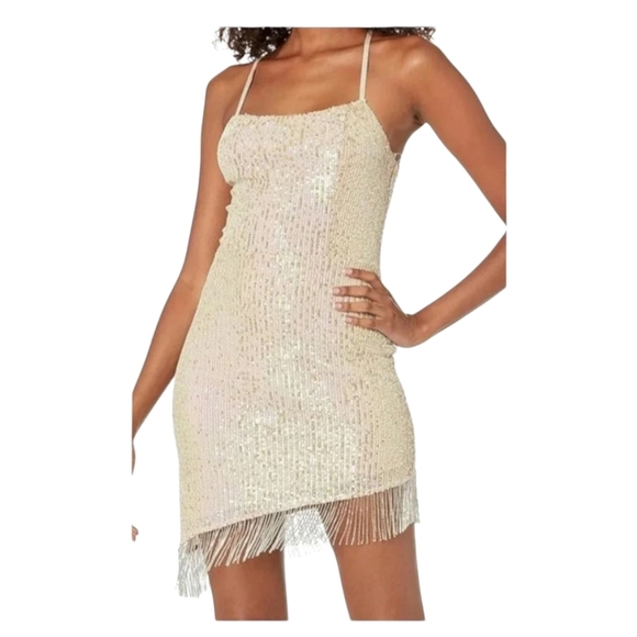 Speechless Nude Sequin Fringe Mini Party Cocktail Bodycon Dress Medium - Picture 3 of 16